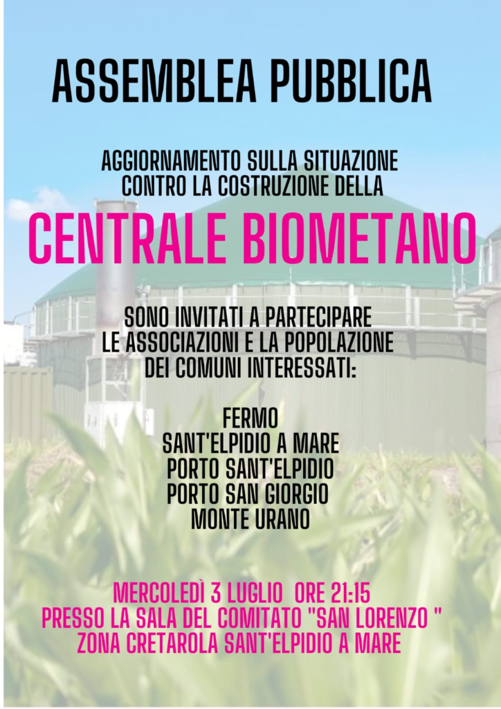 assemblea pubblica, per scongiurare la costruzione della Centrale a Biomasse in località San Marco alle Paludi di Fermo, si terrà presso la sede del Comitato “San Lorenzo” a Sant’Elpidio a Mare, nel parco del quartiere Cretarola (“chiesetta di legno”) MERCOLEDÌ 3 LUGLIO 2024 ALLE ORE 21.00.